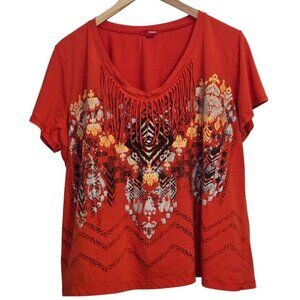 BONGO Women’s Plus 3X Boho Fringe Graphic Tee Tribal Festival Southwestern